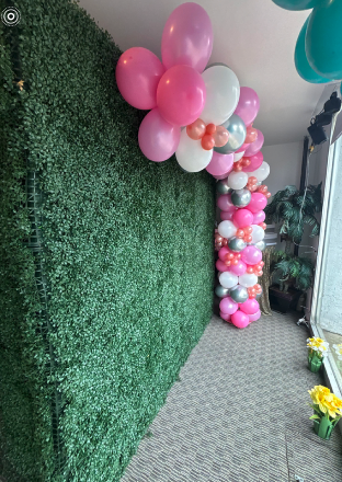 Green wall with pink balloon garland